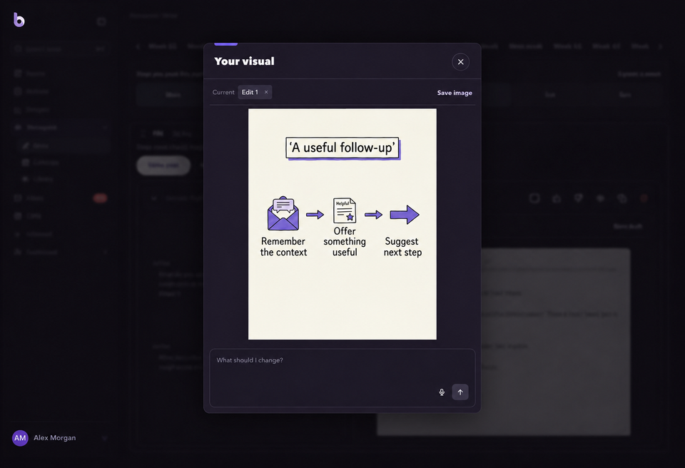 Describe what you want to show, review the result and request changes. Keep the finished visual with the post so the words and image are ready together. Personal details are anonymized; example data is illustrative.
