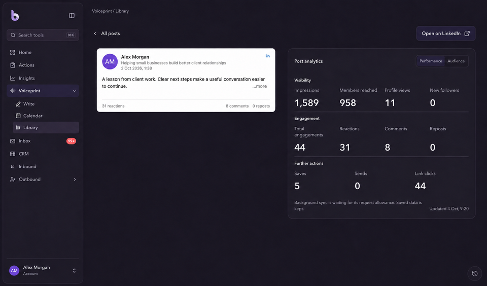 Review the visibility, engagement and further actions available for a published post. Personal details are anonymized; example data is illustrative.