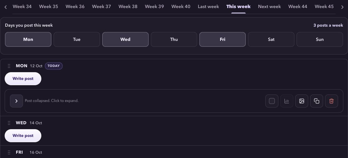 Bravabase Write screen showing the selected week, posting days and Write post controls